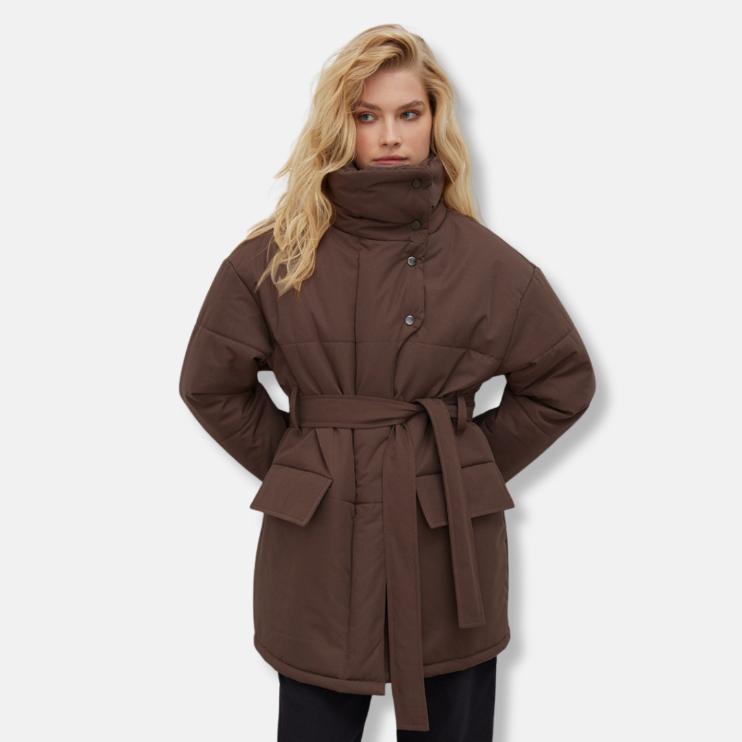 Women's oversized jacket high stand collar belted waist chic cold-weather polyester coat modern fit