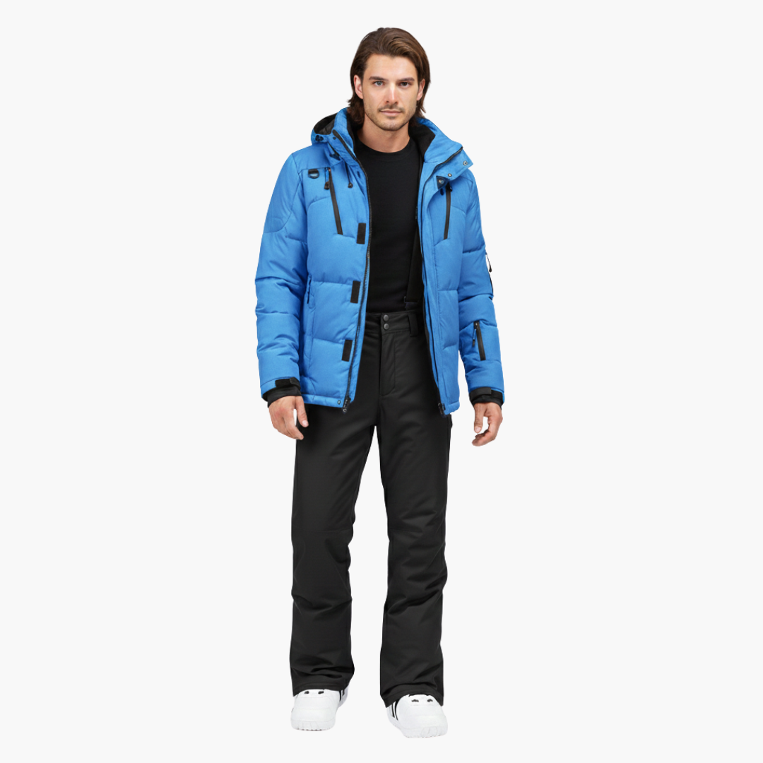 Men's matching ski jacket and pants set in coordinated colorblock with hooded zip and elastic waist