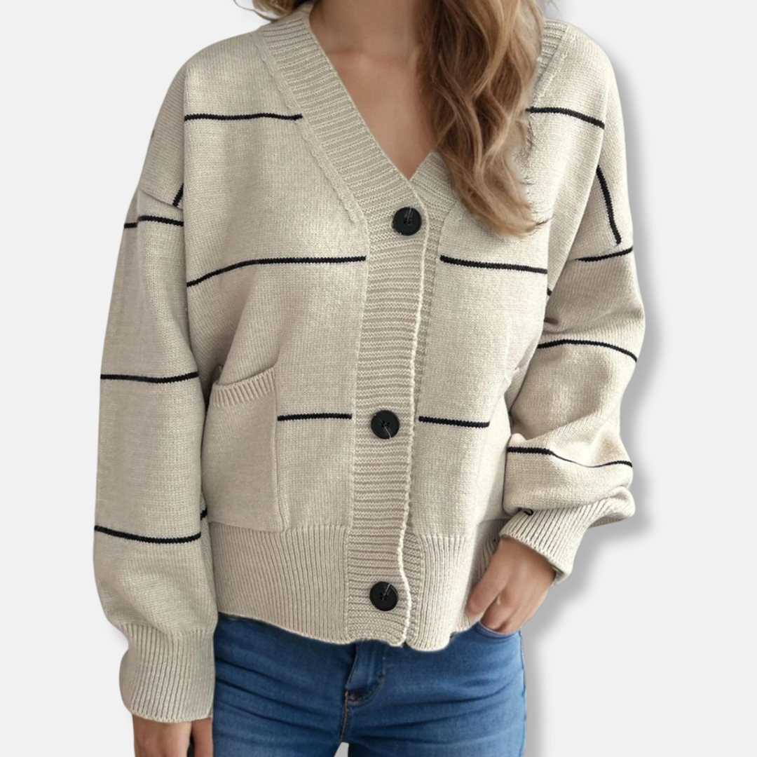 Elegant women's loose fit V-neck cardigan medium-weight knit hip-length long sleeve button closure