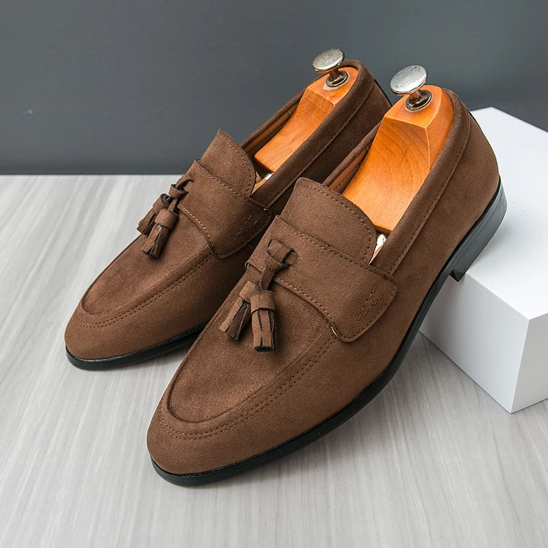 Brown suede tassel loafer slip-on with cushioned insole, polished professional style and lightweight comfort