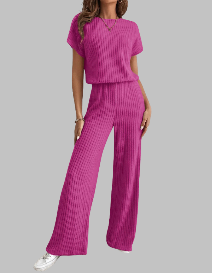 Nora | Women's Ribbed Two Piece Set Short Sleeve Top Wide Leg Pants