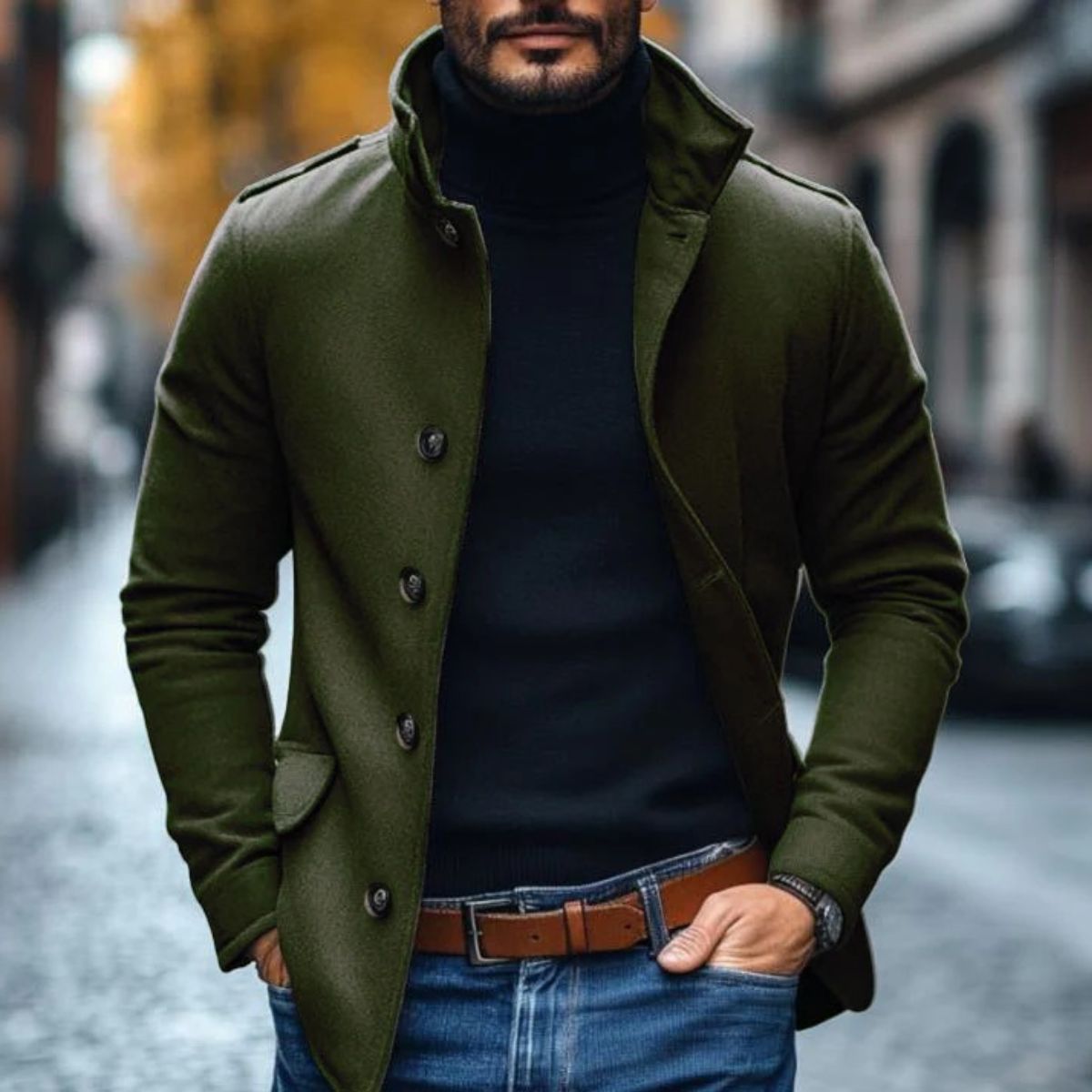 Men's charcoal wool overcoat tailored Italian silhouette with structured smart lapels