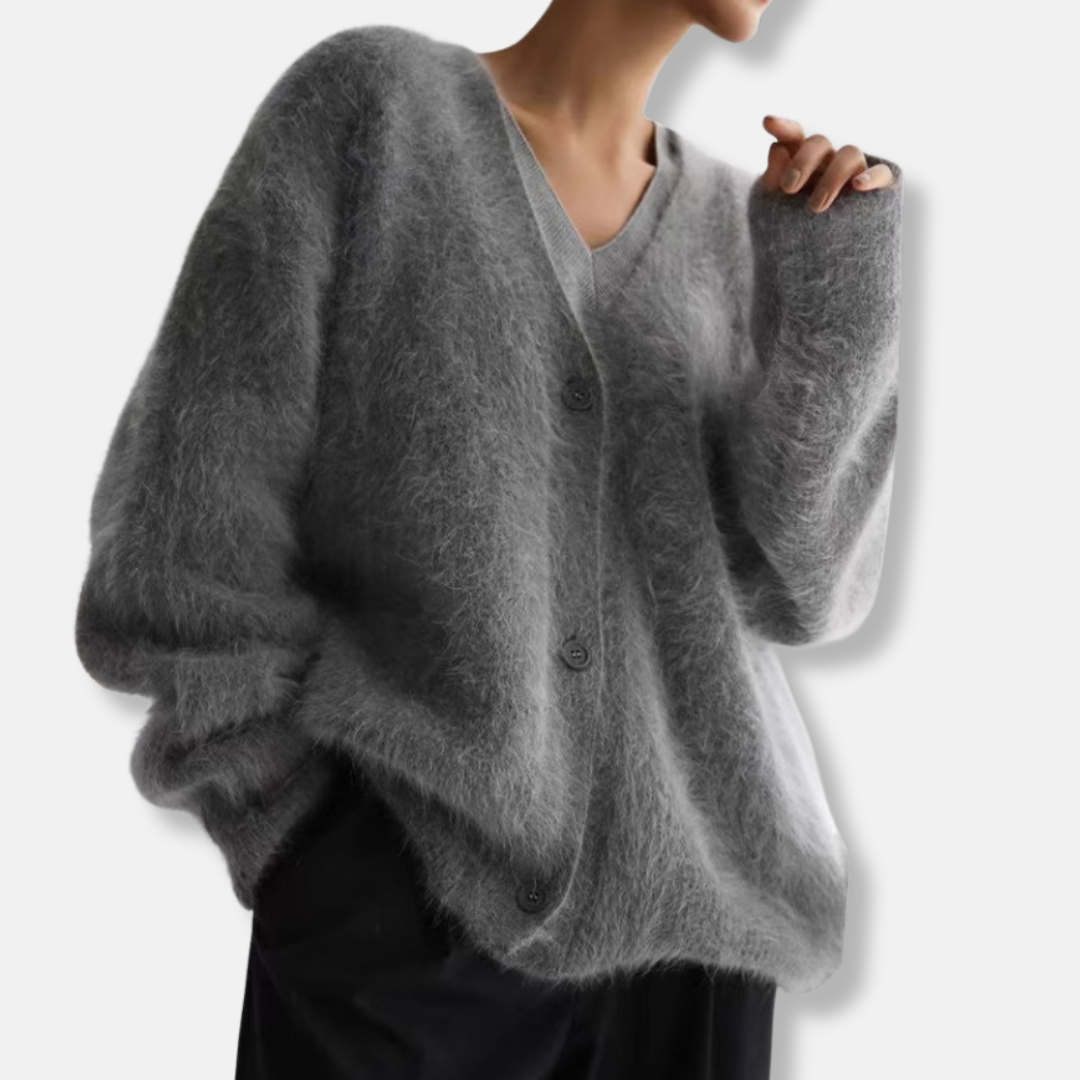 Women's brushed knit oversized cardigan in cozy V-neck silhouette with single-button closure