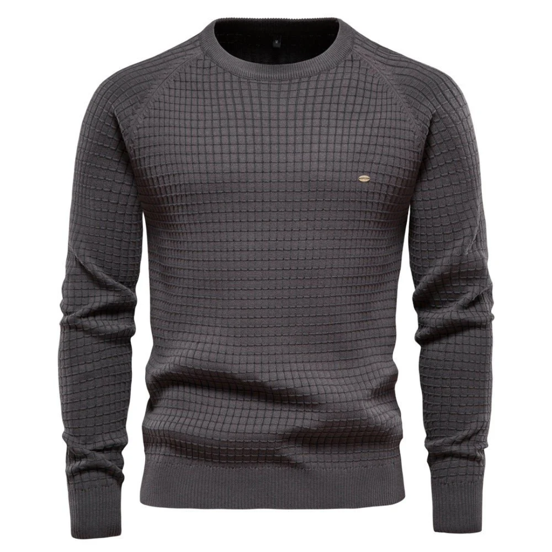 Men's classic knit pullover sweater in neutral tone, long sleeves, timeless ribbed design for everyday wear