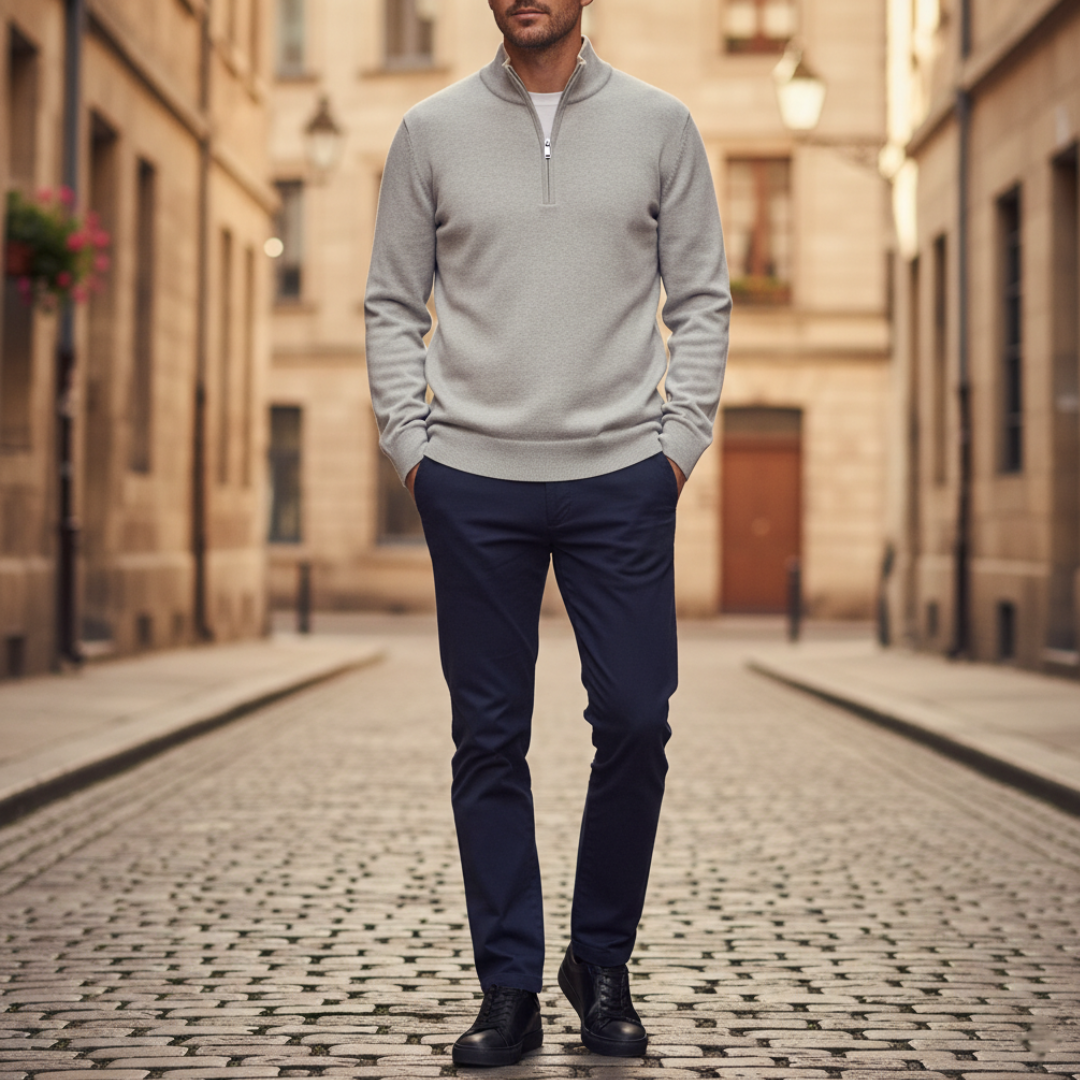 Men's neutral tone knit jacket high collar zip closure minimalist everyday layering piece