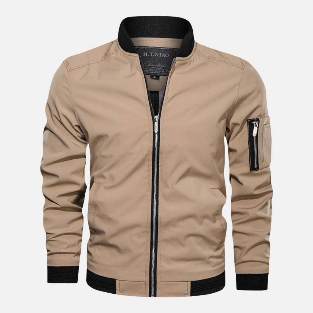 Men's wind-resistant bomber jacket regular fit zipper closure ribbed trim urban street style outerwear