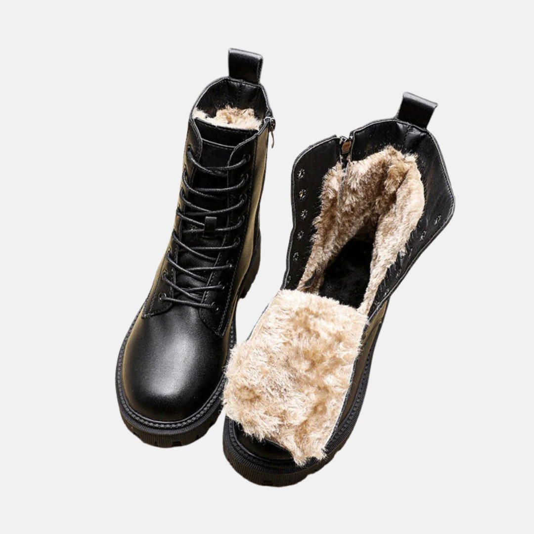 Women's black faux leather lace-up ankle boots with chunky lug sole, combat-style mid-ankle height