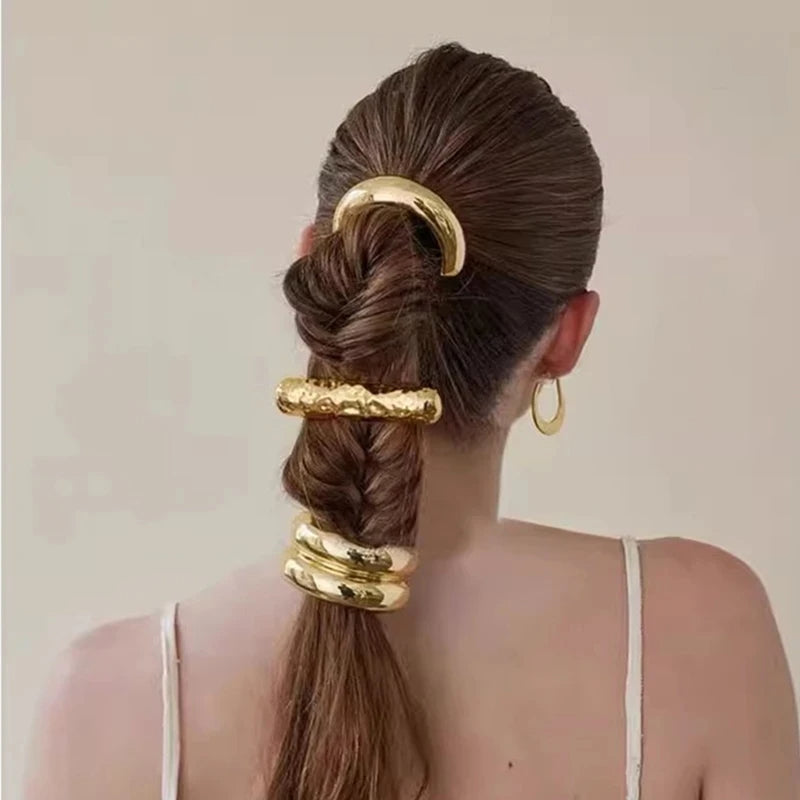 Sculptural gold ponytail cuffs set of 3 stackable high-shine snag-free hair accessories for braids