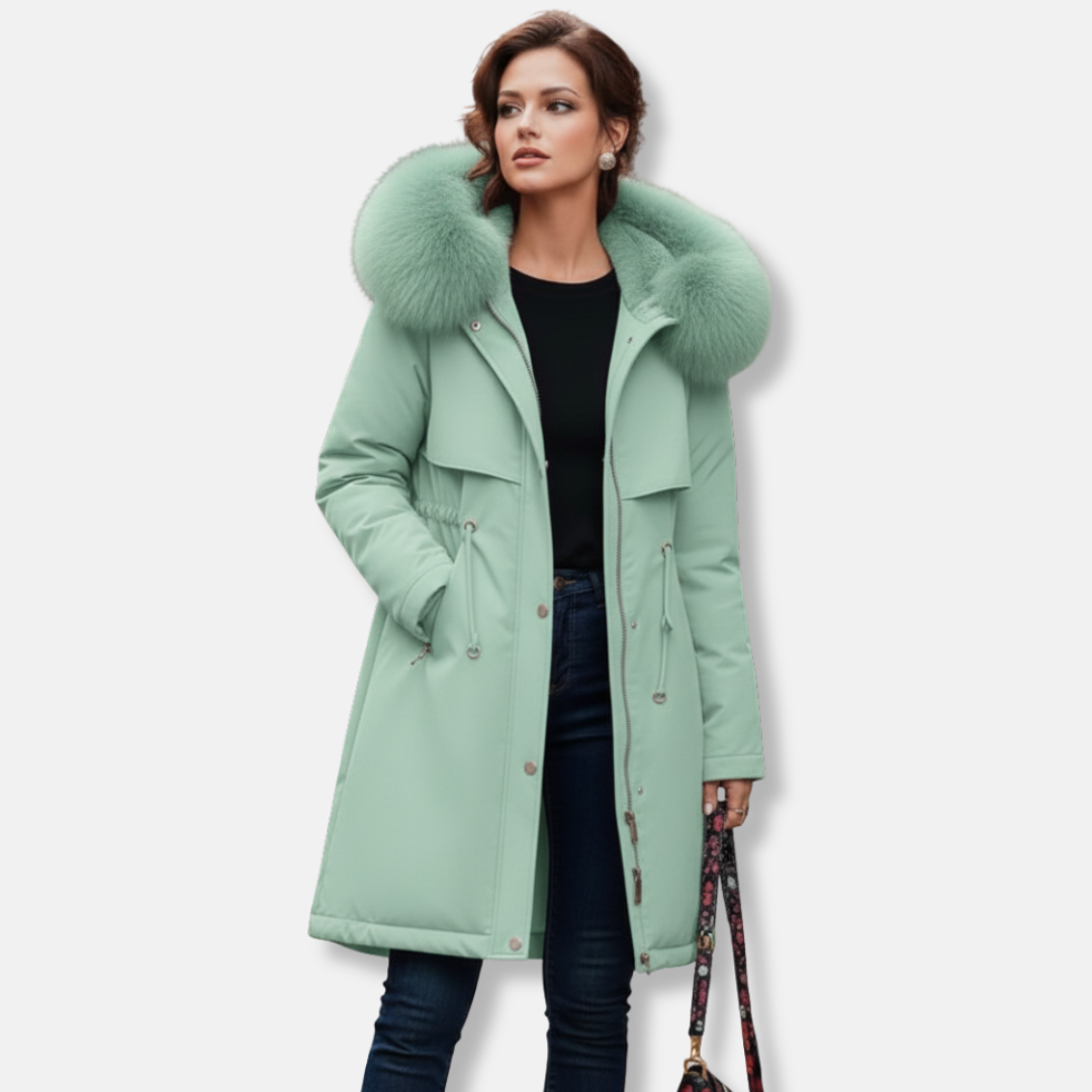 Women's insulated knee-length hooded coat with faux fur-trimmed hood, A-line silhouette winter warmth