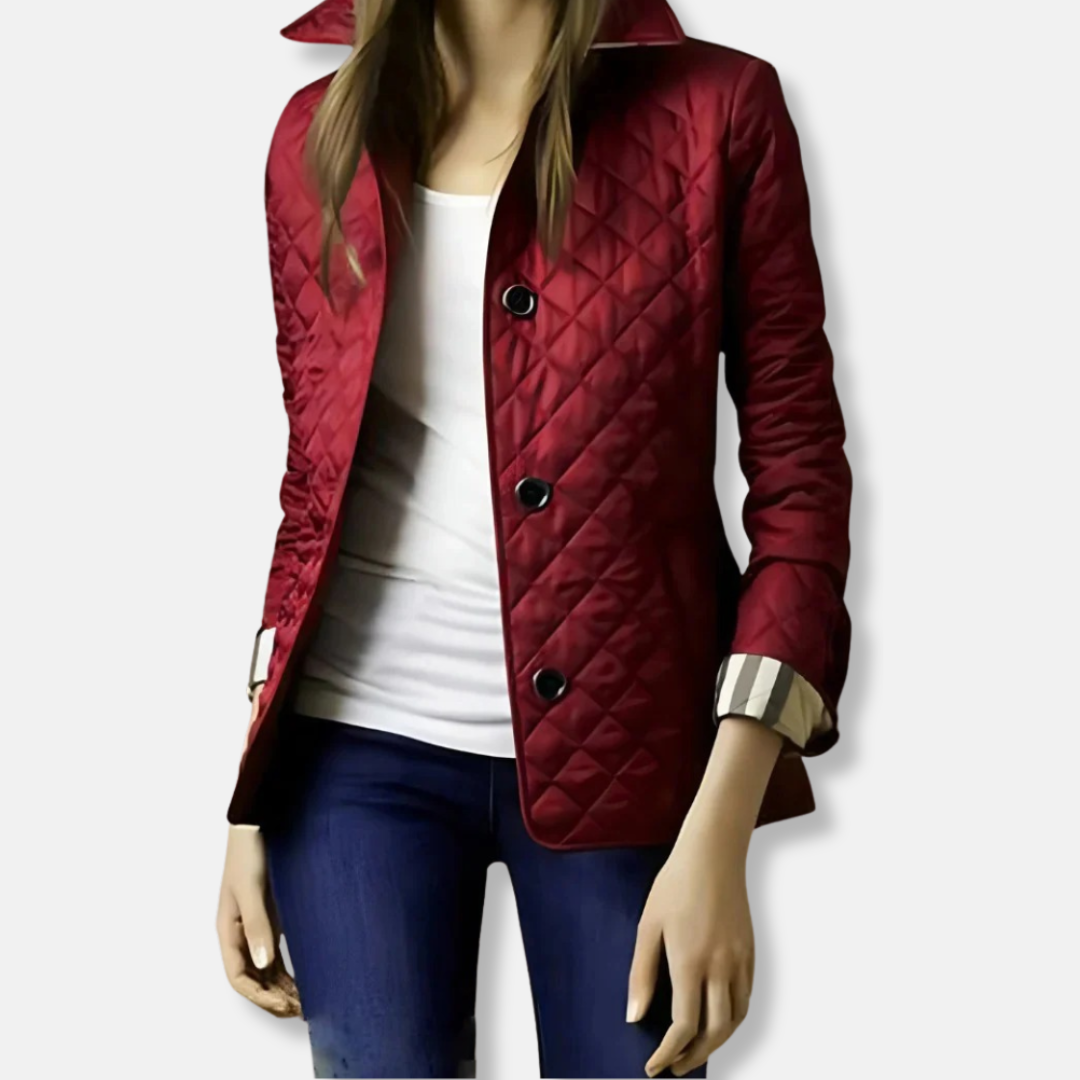 Women's quilted padded jacket tailored hip-length fit with button closure chic versatile style