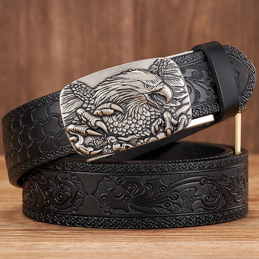 Men's genuine leather belt brown embossed strap bold sculpted eagle metal buckle masculine style