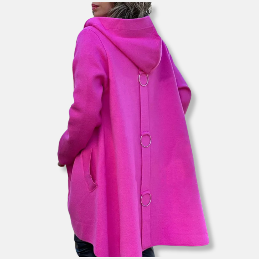 Women's wool blend hooded coat relaxed A-line silhouette mid-thigh length snap button closure