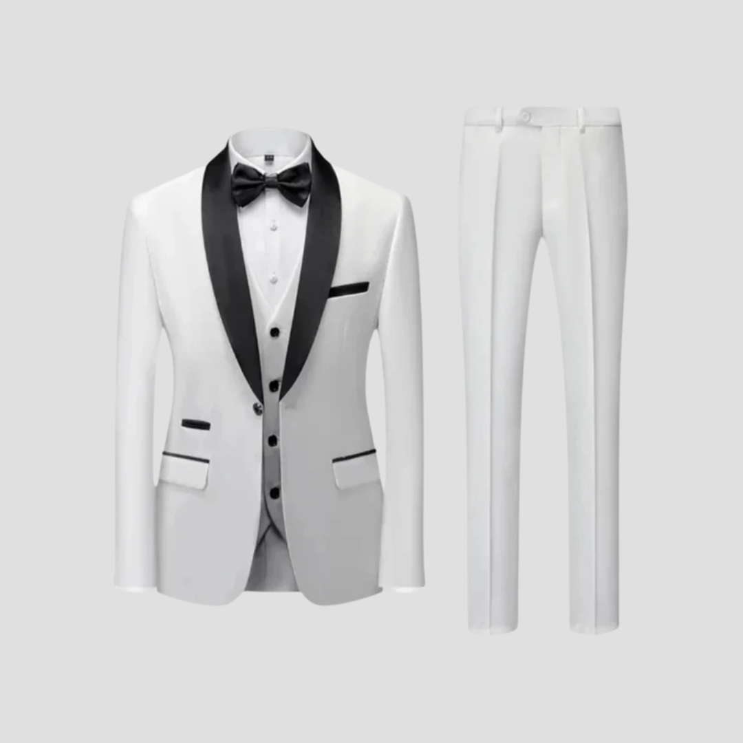 Men's navy tailored three-piece suit with satin lapels, blazer waistcoat trousers formal wedding set