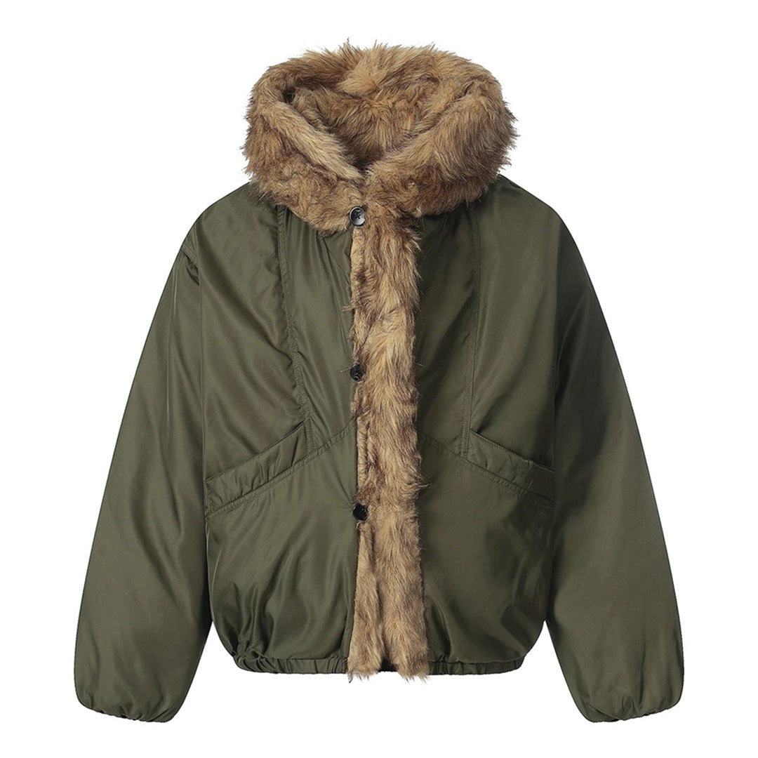 Black relaxed-fit hooded faux fur-lined nylon coat with plush lining for urban style