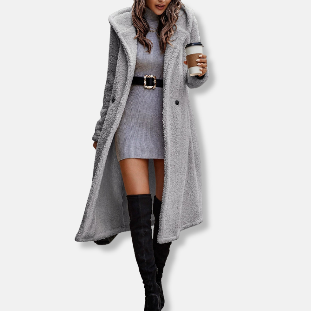 Women's long hooded plush coat relaxed fit notched lapel soft texture warm outerwear