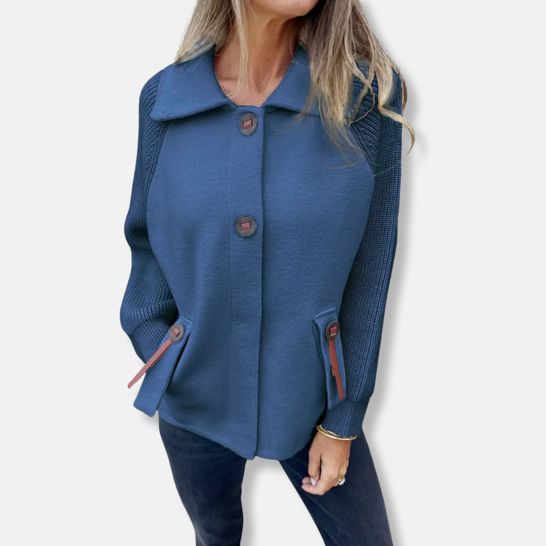 Women's relaxed fit jacket with textured knit sleeves, lapel collar, and button front closure