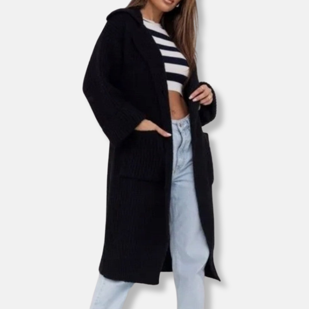 Women's wool blend oversized hooded knit coat with ribbed texture in cozy fall winter style