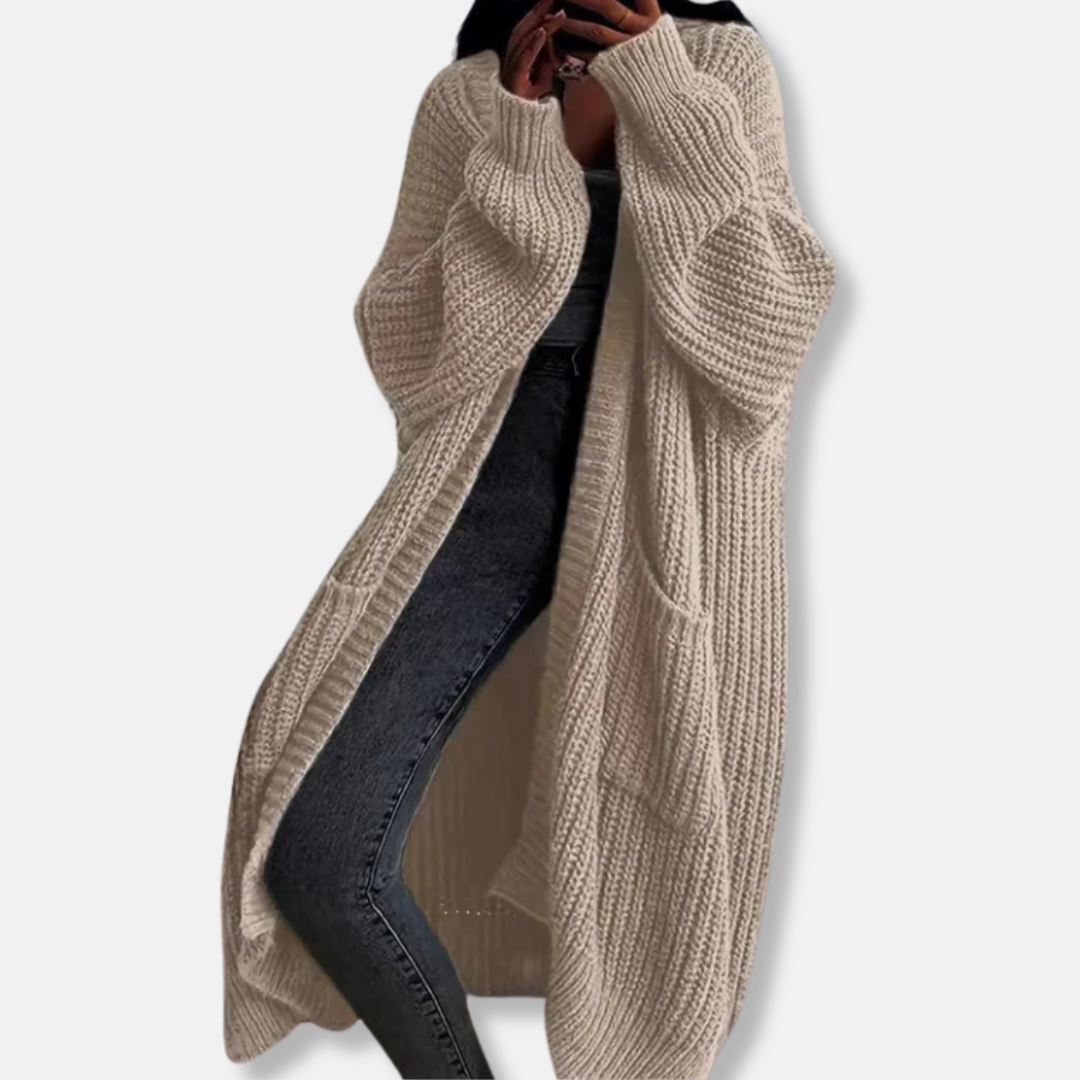 Women's ribbed knit oversized maxi cardigan open front with pockets cozy layering essential