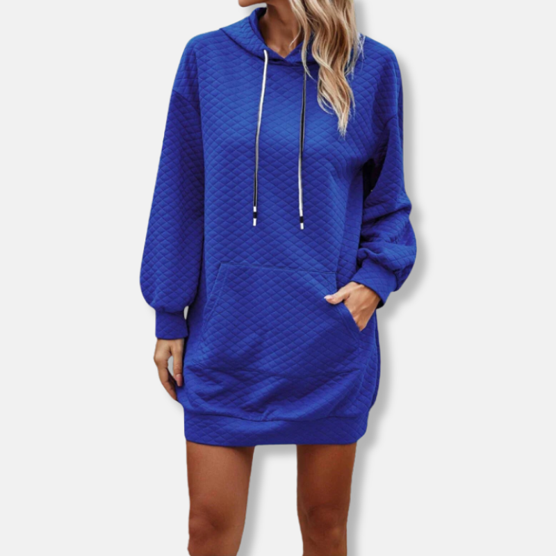 Women's black quilted diamond-texture oversized hooded mini dress with long sleeves and front pocket
