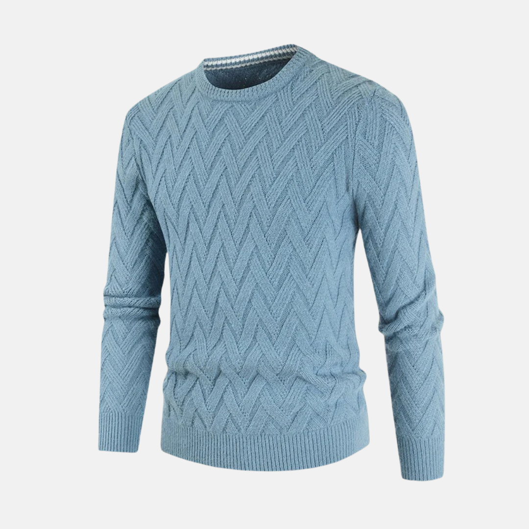 Men's wool crew neck sweater chevron knit texture classic fit fall wardrobe staple