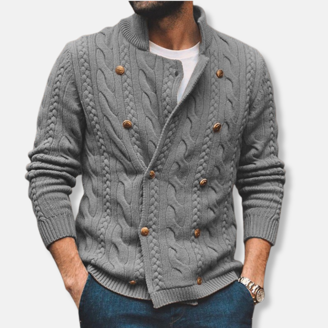 Men's wool blend double-breasted cardigan, regular fit semi-high collar with cable knit pattern