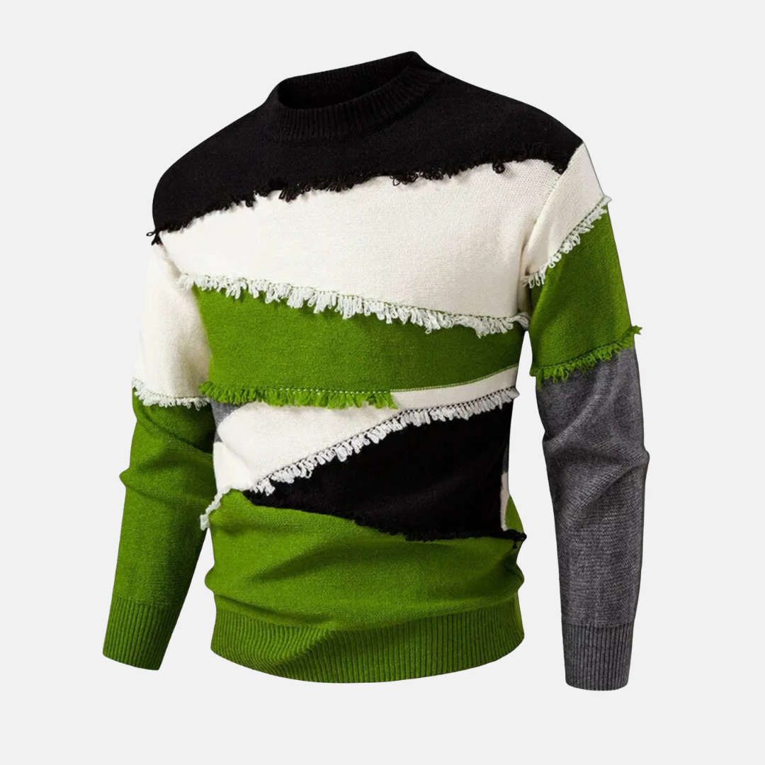 Men's colorblock mock neck knit blend sweater in neutral tones with raw-edge finish for smart casual