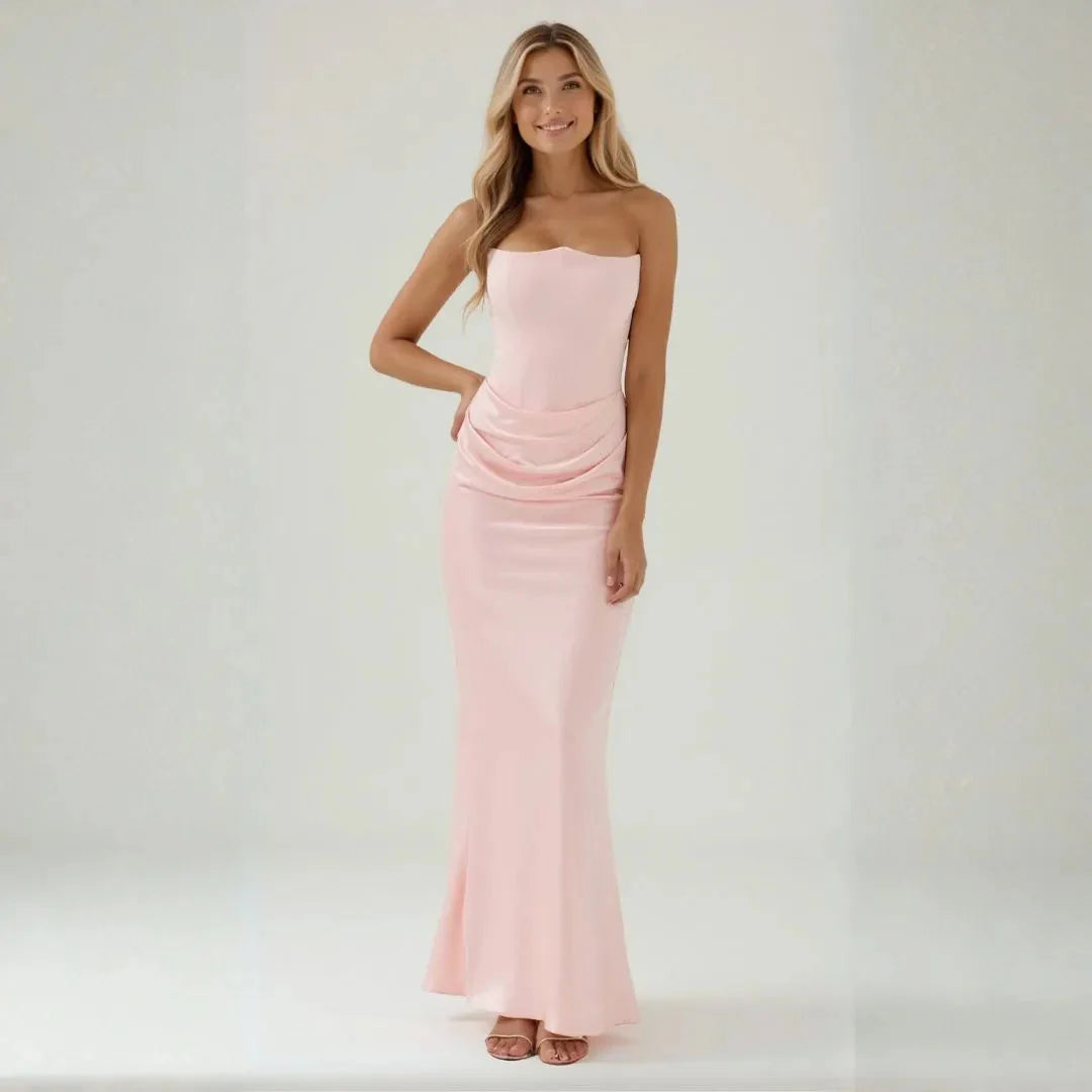 Satin maxi dress with sculpted tube bodice and draped waist detail for glamorous evening wear