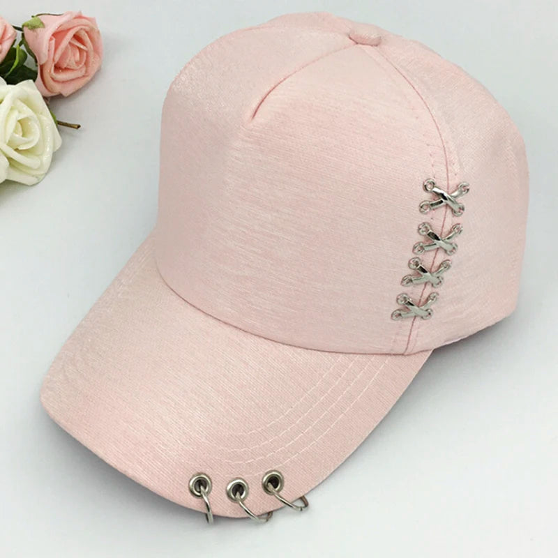 Unisex structured cotton cap black streetwear style with stainless steel lace-up hardware triple front ring