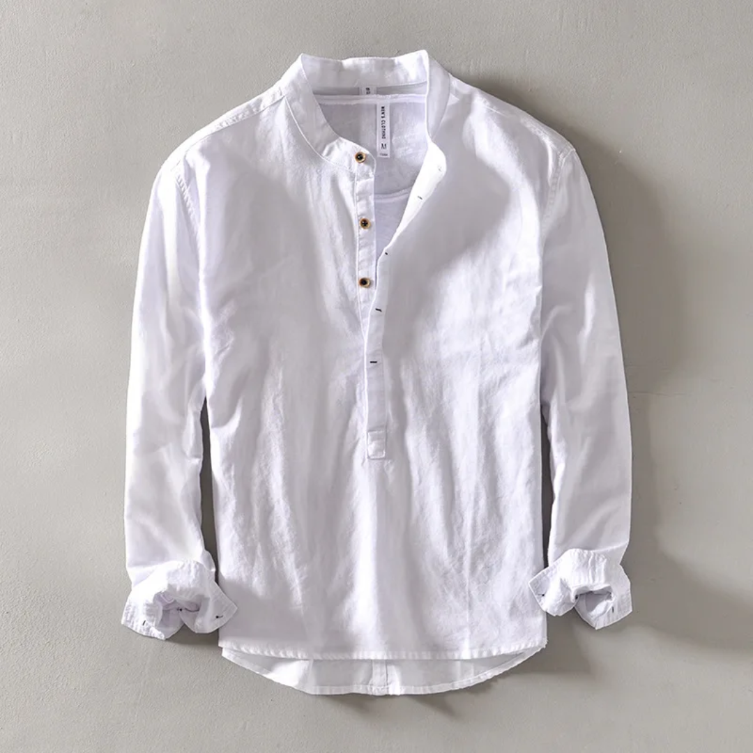 Men's light beige premium linen shirt relaxed fit mandarin collar breathable warm-weather style