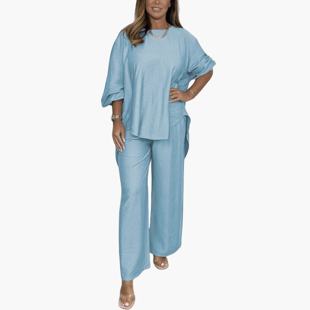 Women's loungewear set wide leg pants loose blouse round neckline flowy silhouette casual chic