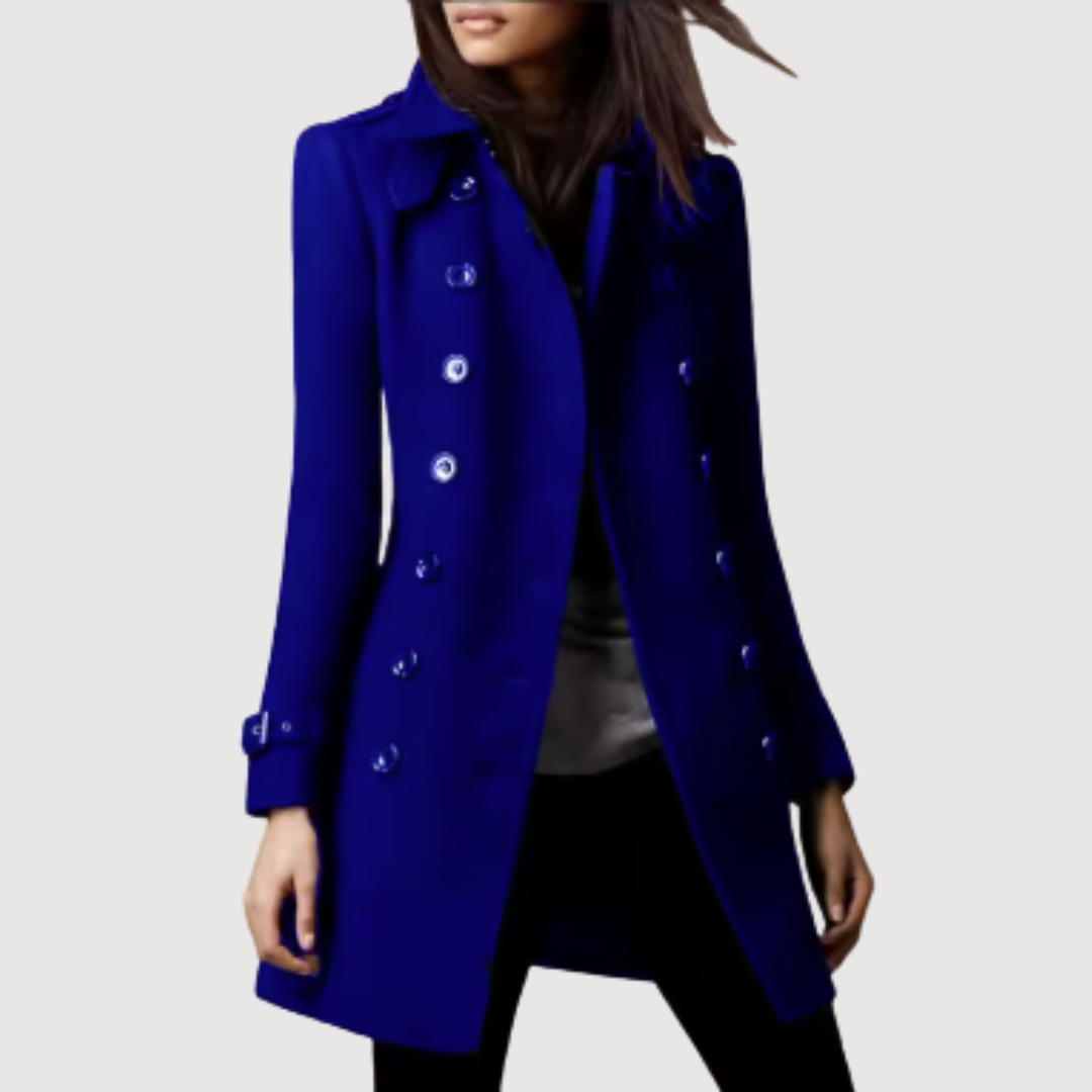 Beige double-breasted trench coat tailored silhouette smooth structured fabric urban professional style