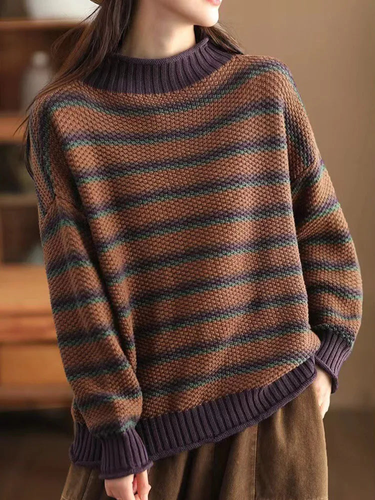 Nordic striped relaxed fit mock neck sweater with ribbed texture in casual winter knit style