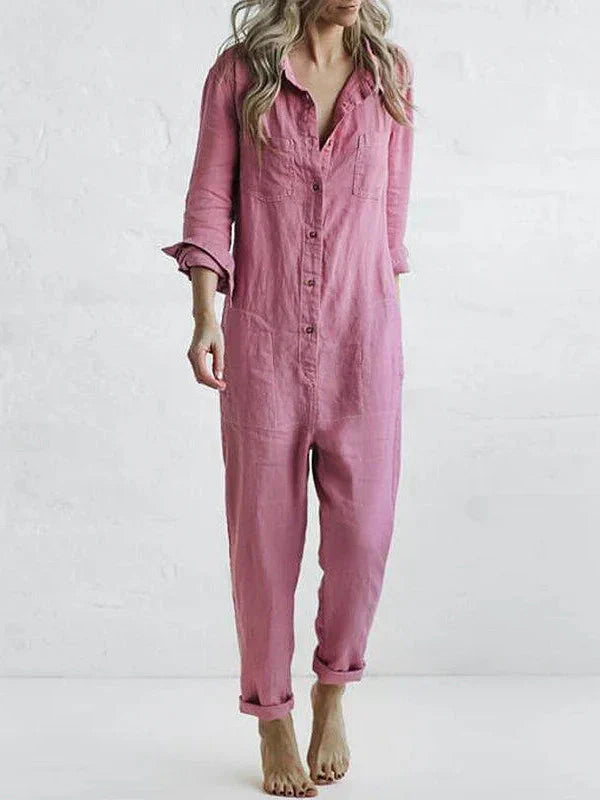 Women's loose fit cotton linen jumpsuit long sleeves button closure breathable casual comfort