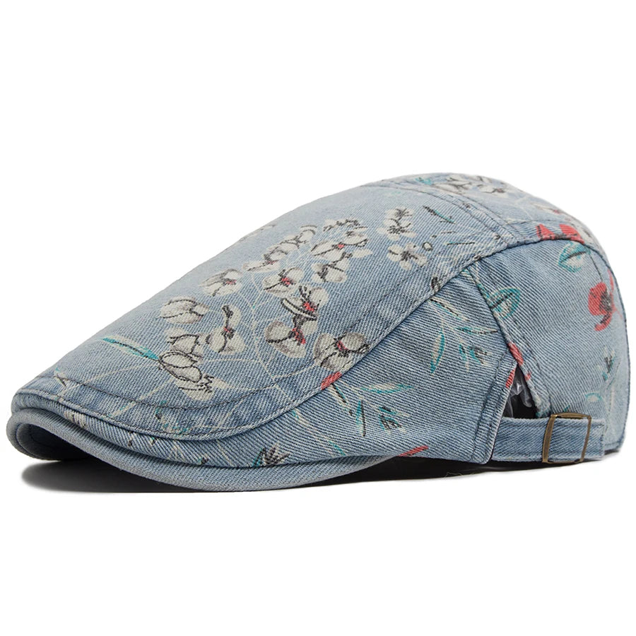 Denim flat cap vintage floral print breathable cotton newsboy unisex hat blue