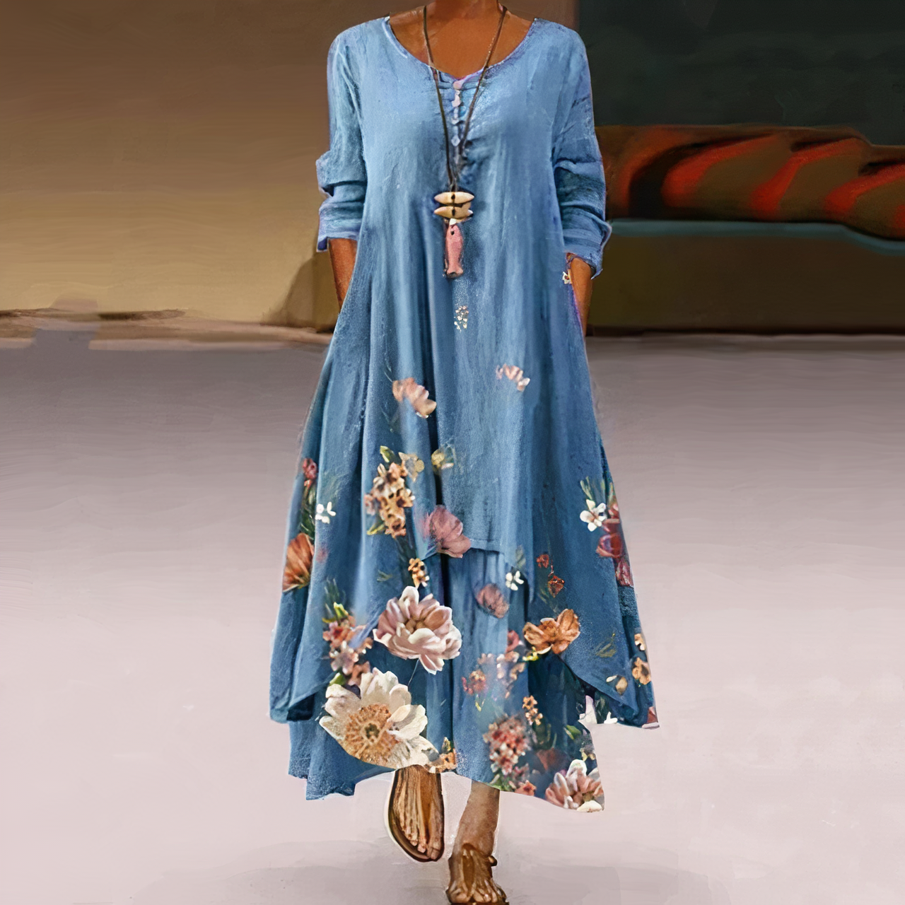 Floral maxi dress women breathable fabric flowing silhouette romantic embroidery elegant Erica