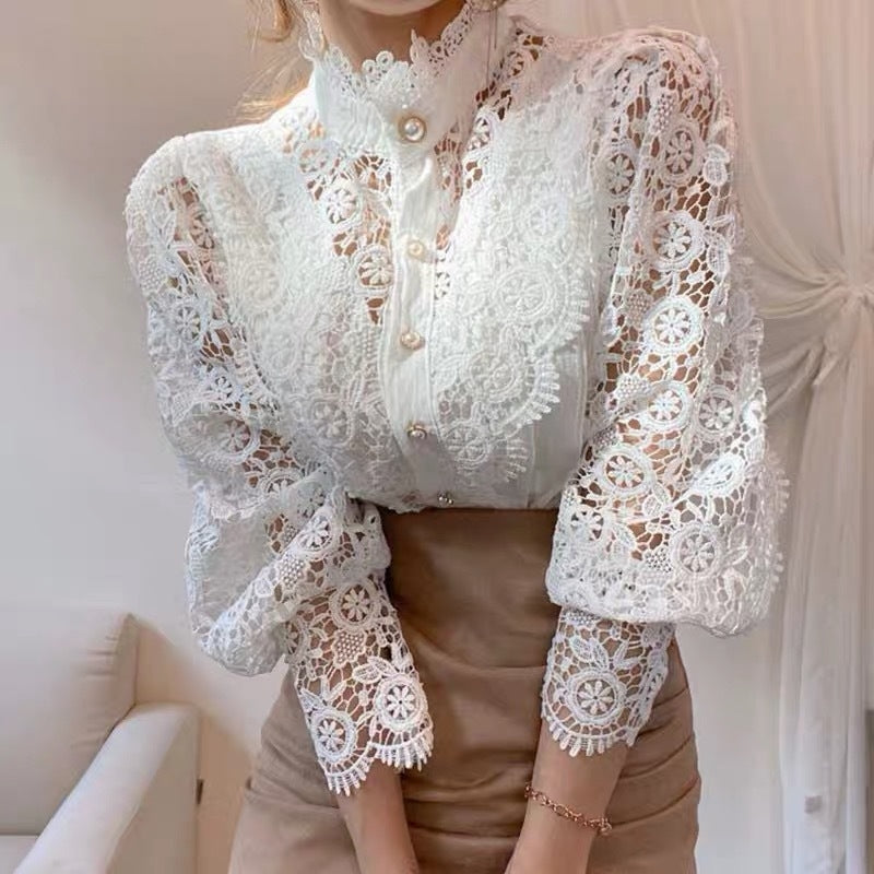 White vintage lace blouse women lightweight openwork breathable silhouette Parisian charm summer top