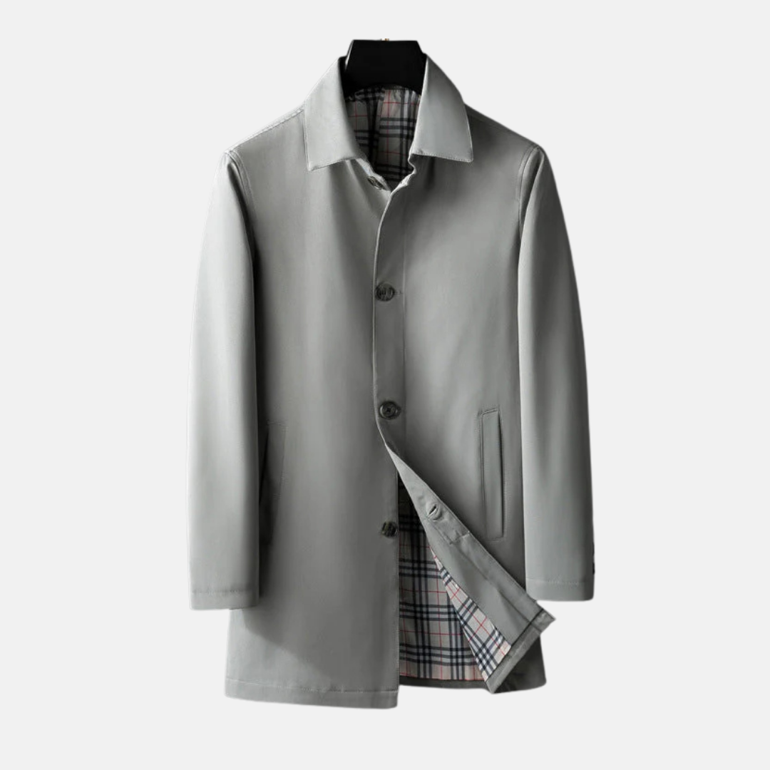 Men's wool blend tailored fit button-front formal coat by Urbann Vibe, modern clean silhouette
