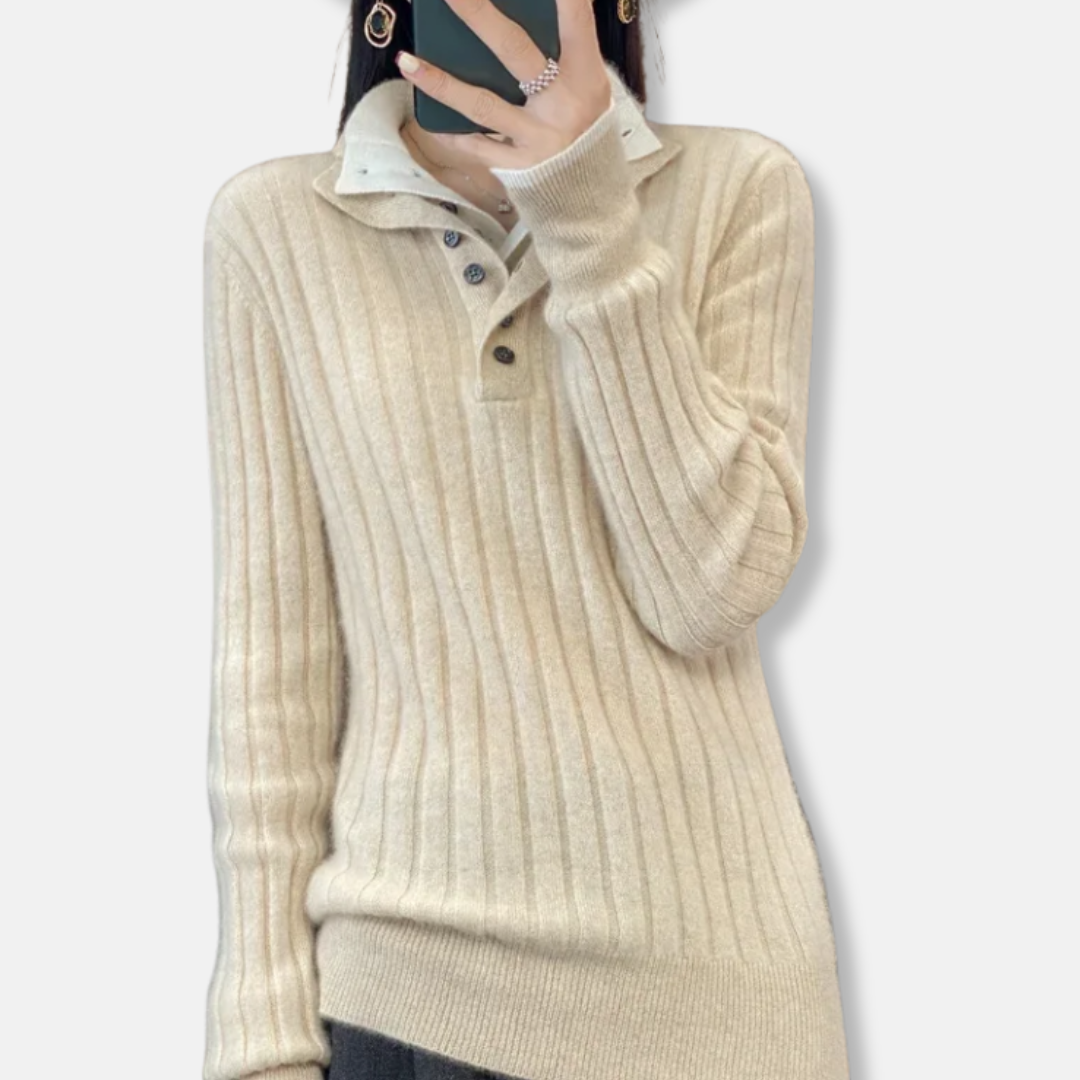 Women's ribbed knit polo collar pullover sweater with four-button placket in relaxed straight fit