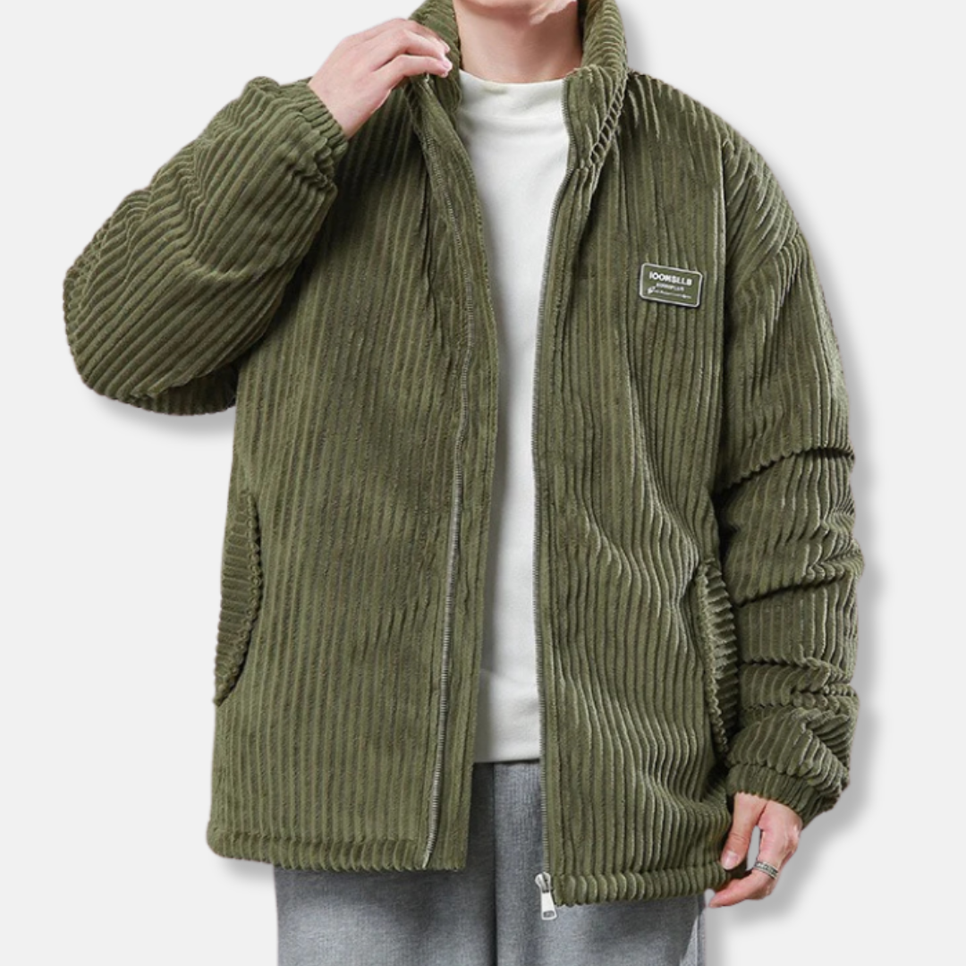 Men's black ribbed relaxed fit puffer jacket with stand collar and hip-length modern silhouette