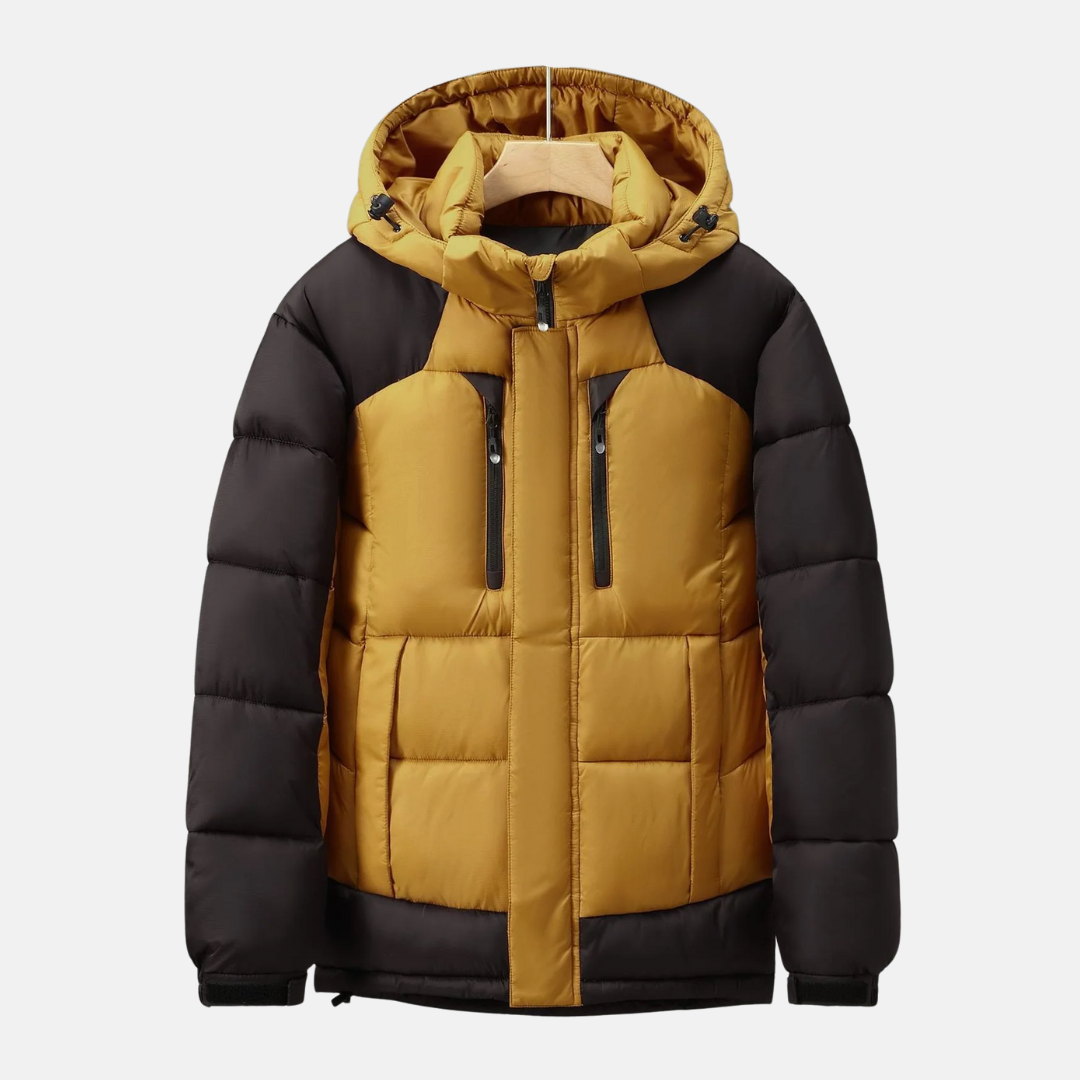 Men's black insulated padded jacket with detachable hood, hip-length cut, secure pockets for outdoor use