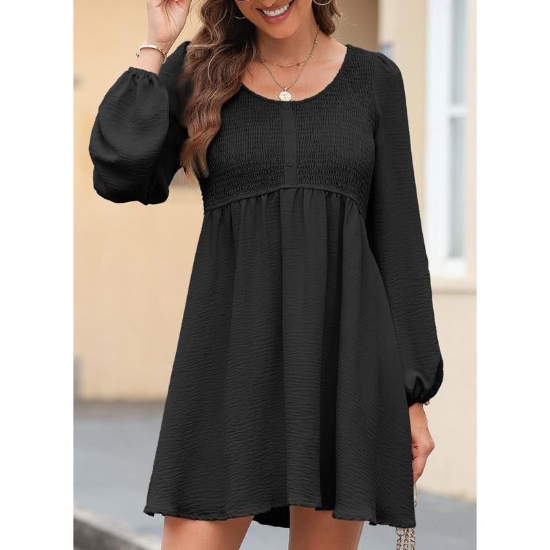 Valore smocked empire waist A-line dress with flexible forgiving bodice for effortless everyday style