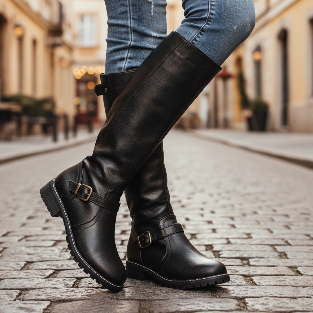 Women's black knee-high orthopedic riding boots in synthetic leather with side zipper and supportive insole