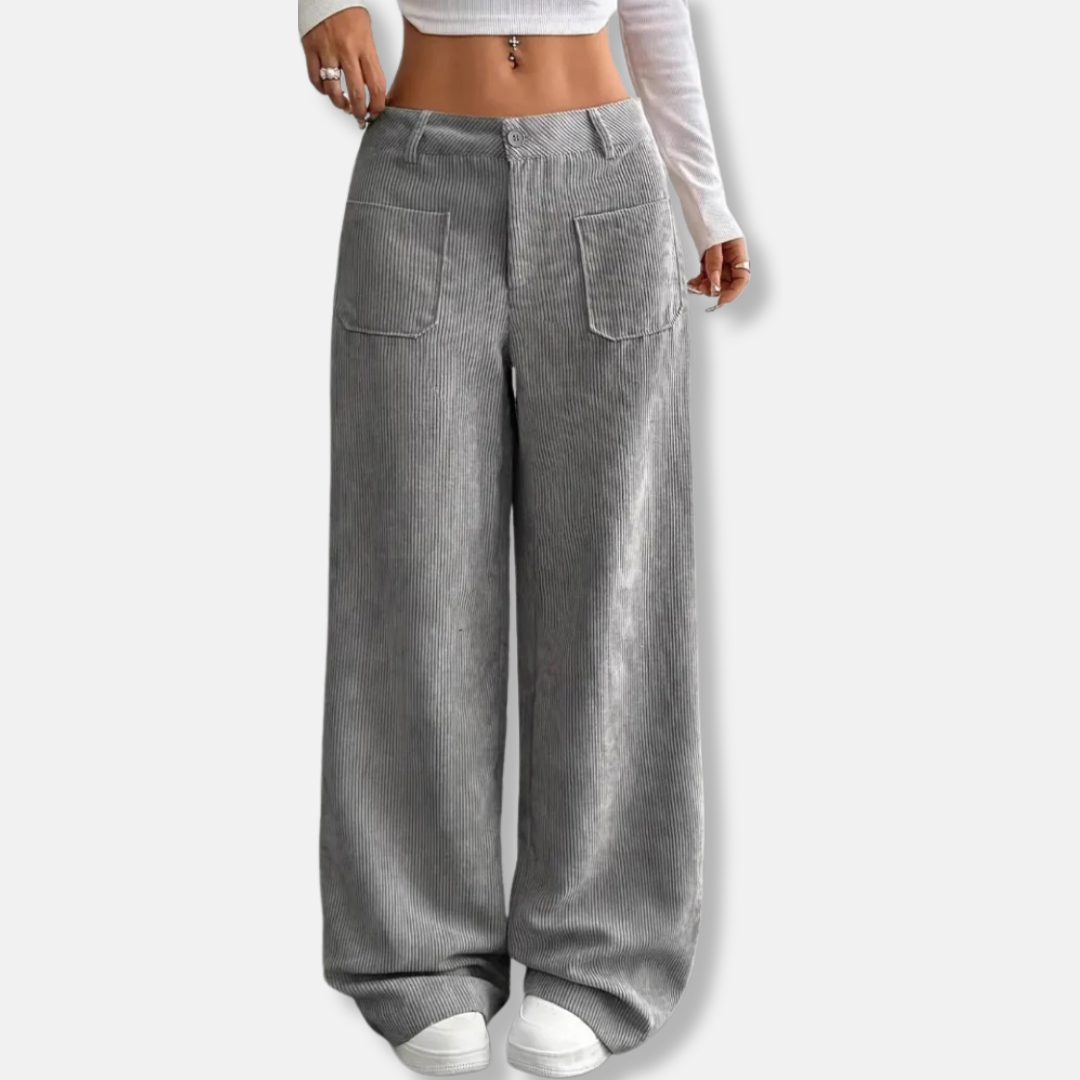 Women's corduroy wide leg high waist pants with front patch pockets, relaxed chic fall style