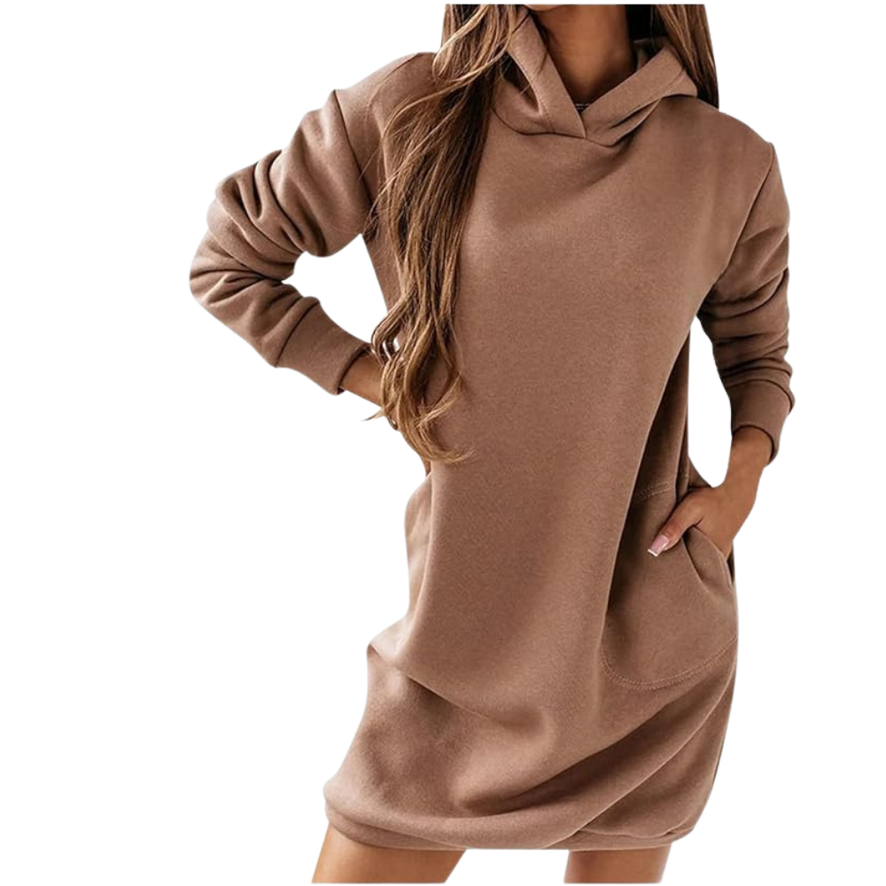 Women's gray hooded dress with relaxed fit and functional everyday comfort design