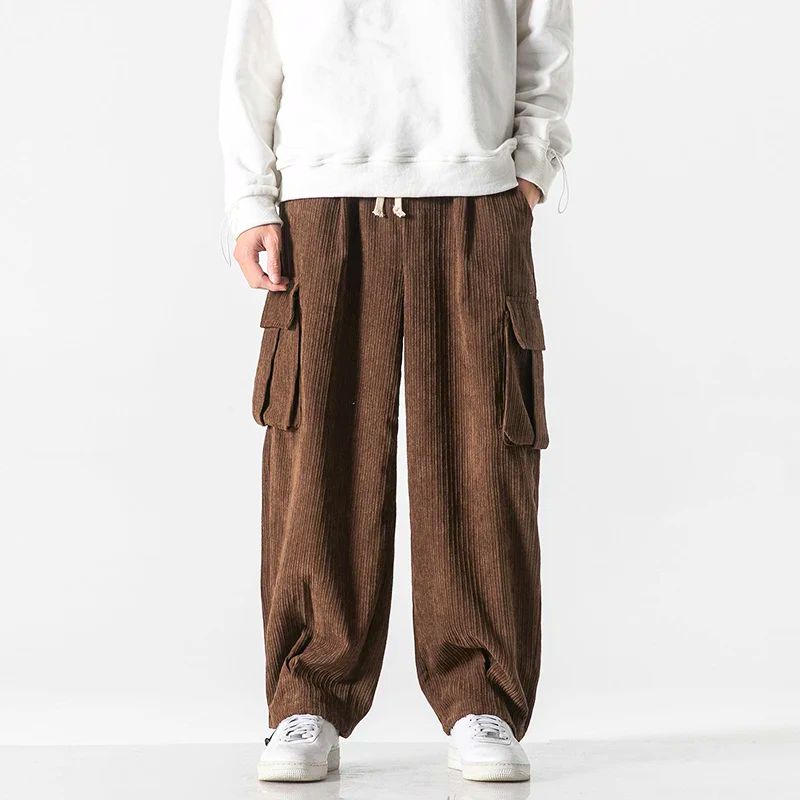 Unisex brown corduroy pants relaxed fit with oversized pockets and casual drawstring waist
