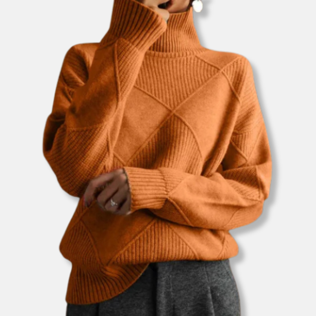 Women's relaxed fit turtleneck sweater with ribbed diamond knit texture for effortless casual style