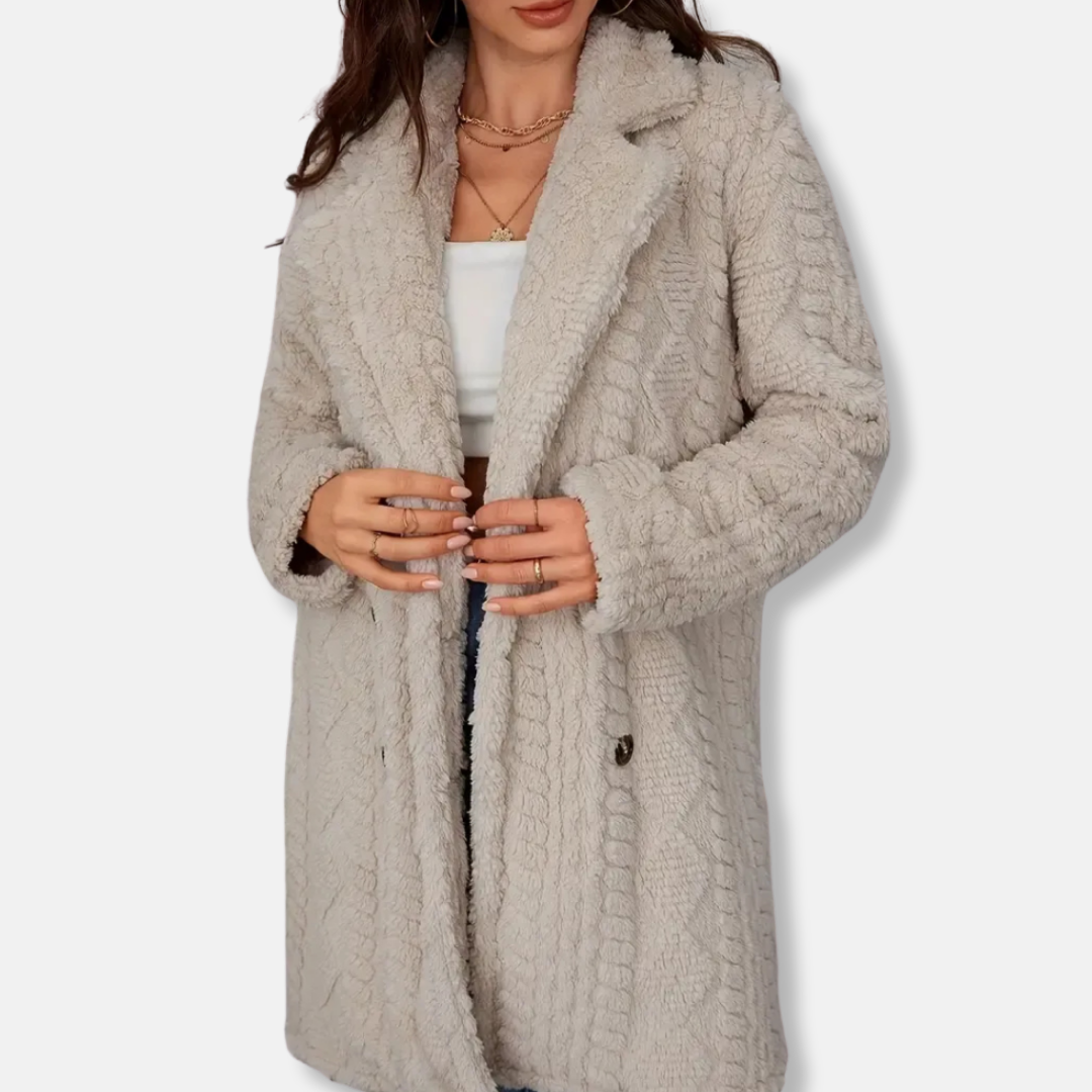 Women's knit double-breasted coat notched lapel mid-thigh relaxed silhouette elegant outerwear