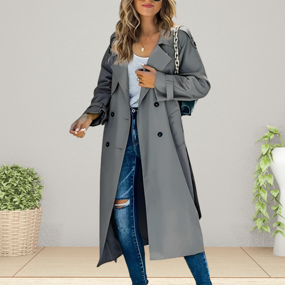 Women's double-breasted longline trench coat in classic neutral, chic all-season layering piece