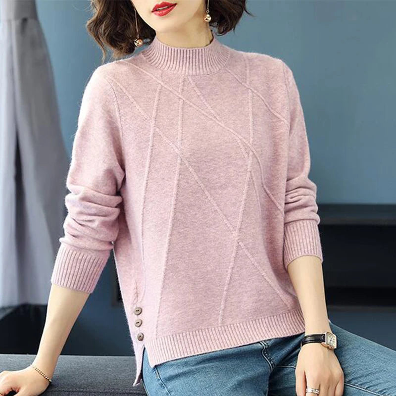 Women's cashmere turtleneck sweater with sculpted diamond knit pattern, midweight stretch blend