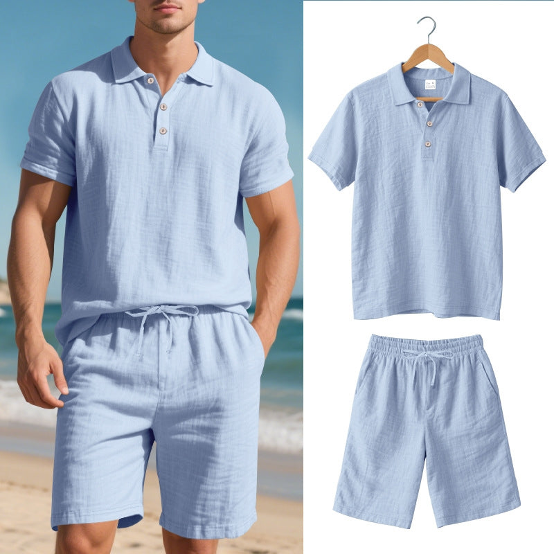 Men's linen polo two-piece set in neutral tone, relaxed straight cut with adjustable drawstring waist